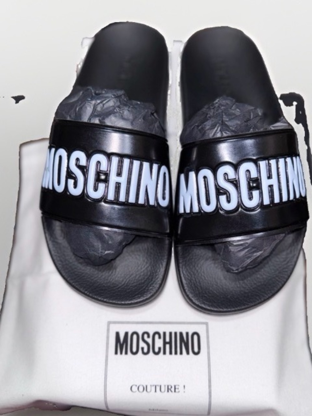 Moschino Black Slide Sandals with White Logo